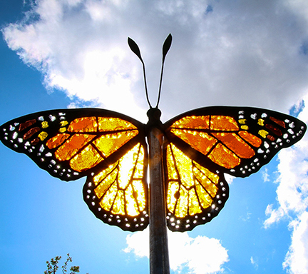 Glass in Flight sculpture exhibit stained glass monarch