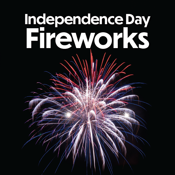 red, white and blue fireworks on black background
