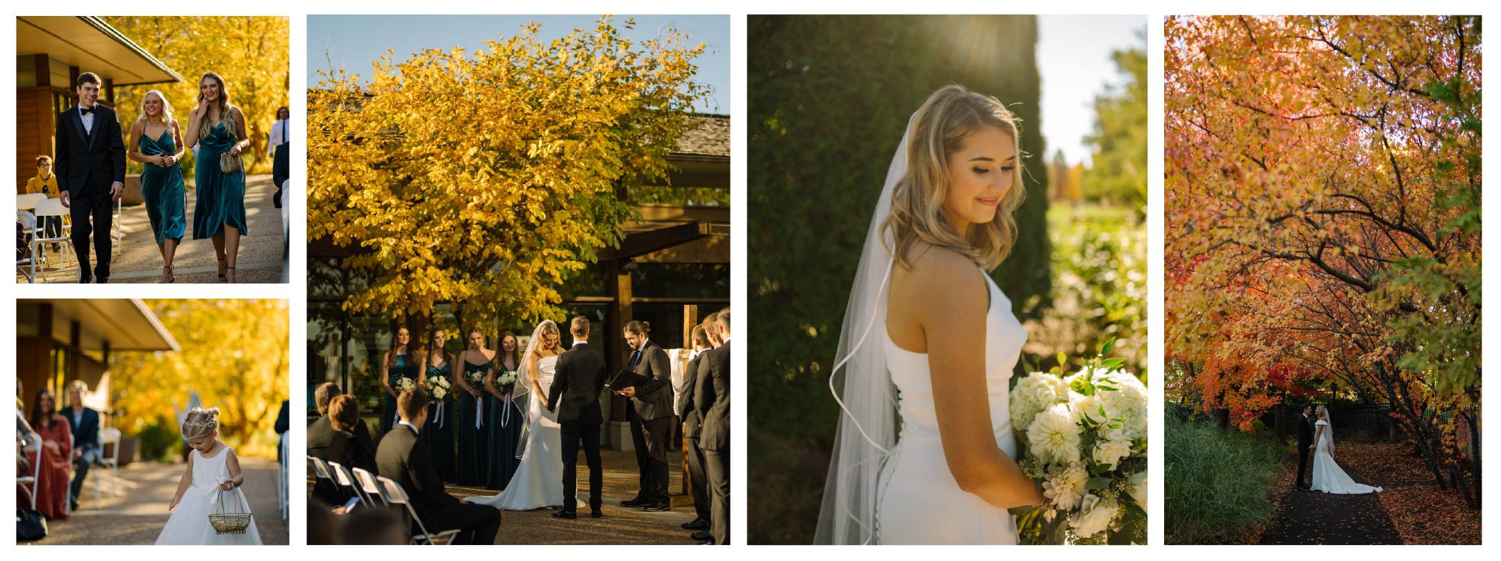 Bride and wedding party members at an outdoor fall wedding