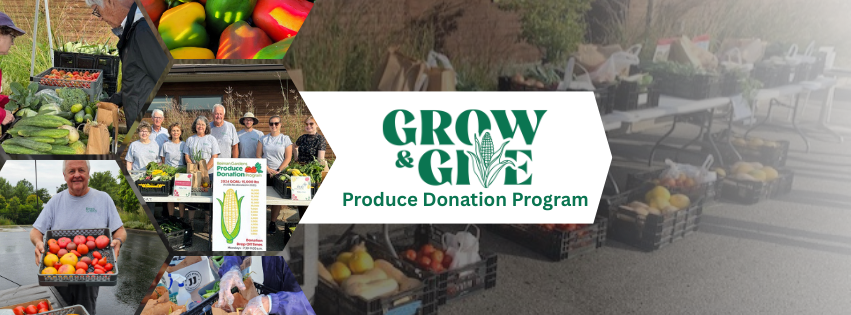 a collage of photos of volunteers and produce collected for Grow and Give